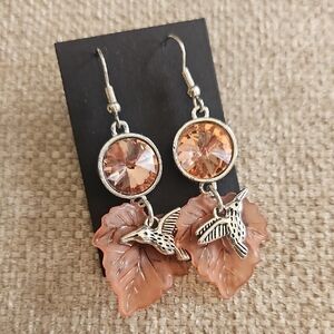 Hummingbird Pink Leaf Silver Earrings
